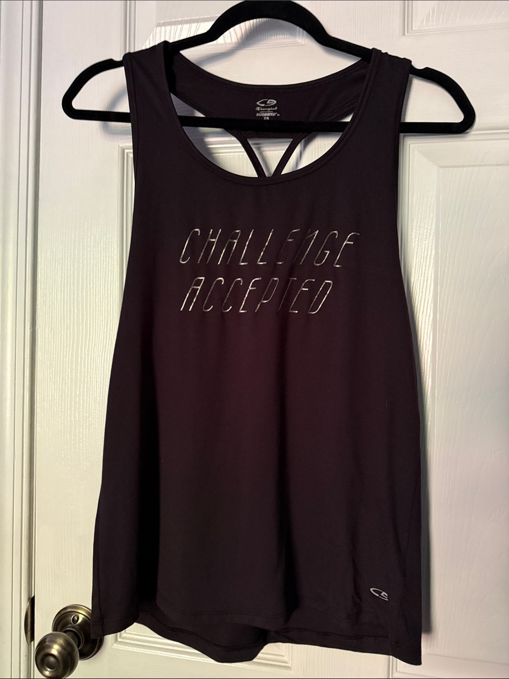 Champion Black Racerback Tank with "Challenge Accepted" Script